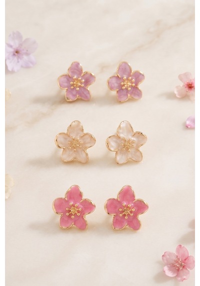 Mor Pembe Sakura Çiçek 3'lü Set Küpe Renkli