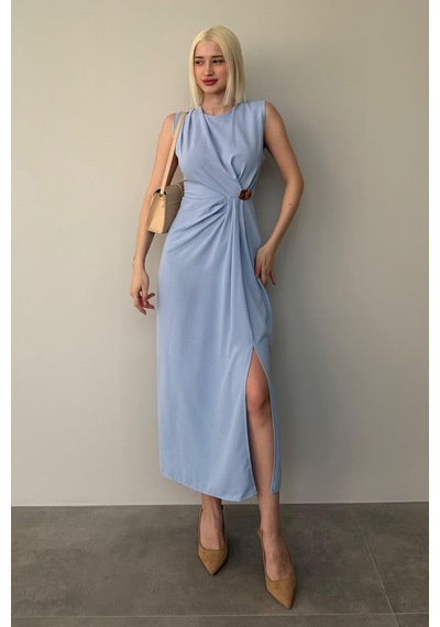 Madmext Mavi Bronşlu Midi Boy Kadın Elbise Mg2418 Mavi