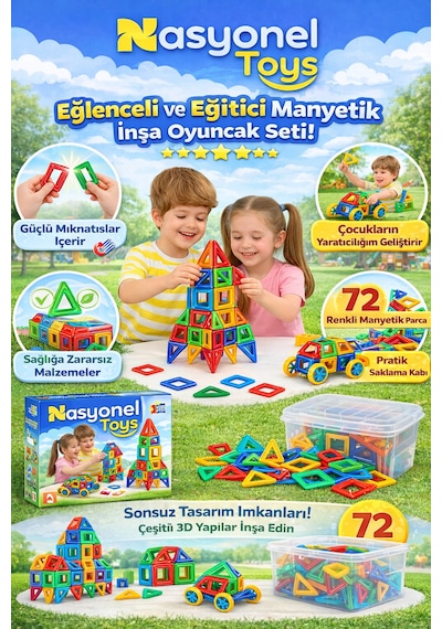 Manyetik Yapı Blokları Çocuklar İçin Renkli 3 Boyutlu 72 Parça Manyetik Karo Oyun Seti
