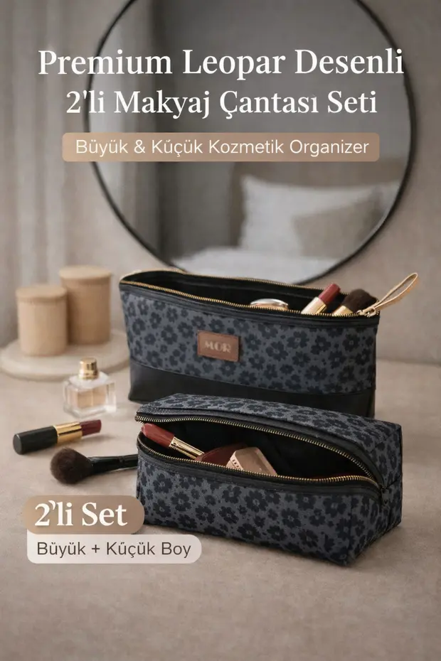 Lüx Premium Büyük Boy Makyaj Çantası I Premium Leopar Saç Şekillendirici Çantası 2 Li Kombin Set