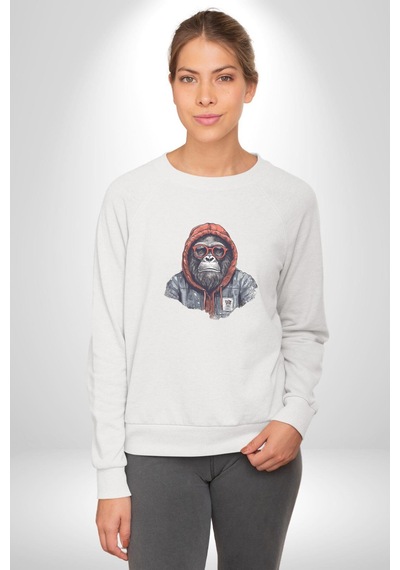 Kırmızı Gözlük Çeket Maymun Unisex Beyaz Baskılı Sweatshirt Beyaz