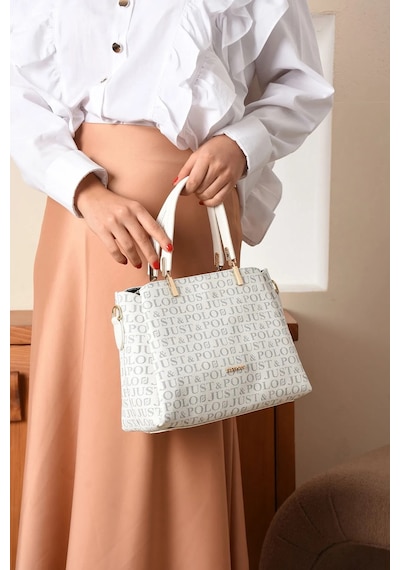 Just Polo Kadın Monogram Baskılı Orijinal El Ve Omuz Çantası Ayarlanabilir Askısıyla 2120mh Beyaz