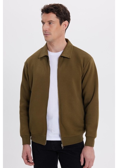 Tudors Unisex Relax Fit Rahat Kesim Pamuklu İçi Polarlı Fermuarlı Yeşil Polo Yaka Flato Cepli Sweatshirt Hırka-41976 Yeşil