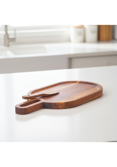 Doğal Akasya Ahşap Oval Peynir Ve Sunum Tahtası 30x14 Cm Saplı Servis Tepsisi, Yanında Özel Ahşap Peynir Bıçağı İle 2 Parça Set Çok Renkli