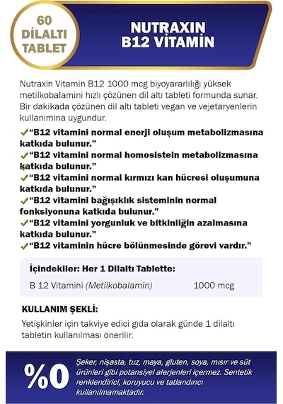 Nutraxin B12 Vitamini 1000 Mcg - Dil Altı Tableti - Hızlı Emilim