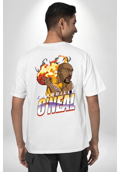 Basketbol Shaquille Oneal Star Ateş Topu Beyaz Oversize Unisex Ön Ve Sırt Baskılı Tişört Beyaz