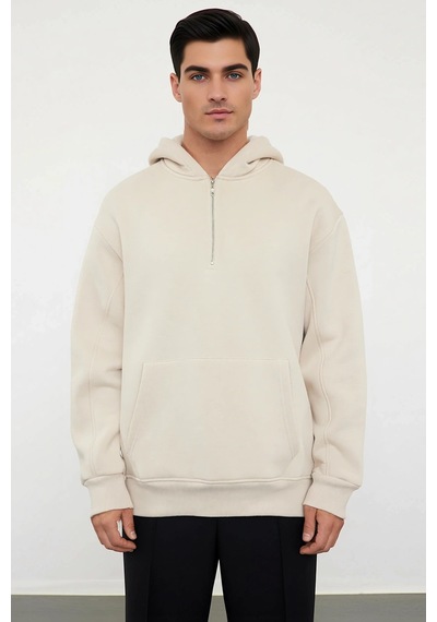 Benerly Erkek Kapüşonlu Fermuarlı Düşük Kol Uzun Kollu Kalıp Sweatshirt F Taş