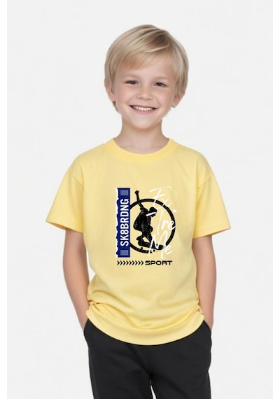 Panios Kids Sk Sport Baskılı Erkek Çocuk Kısa Kollu Yuvarlak Yaka T-shirt Sarı