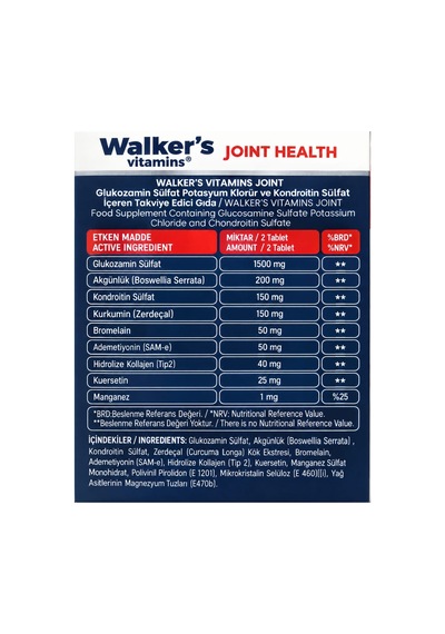 Walker'S Vitamins Glucosamine Curcumin Collagen Bromelain Quercetin Takviye Edici Gıda 60 Tablet