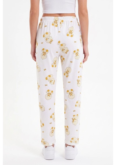 Cemo Sarı Kedi Ve Fiyonk Baskılı Beli Lastikli Bağcıklı Pijama Altı Ekru