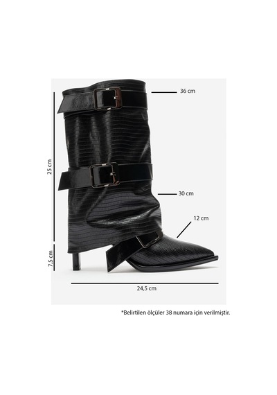 Luvi Shoes Ylva Siyah Çizgili Kemerli Kadın Topuklu Çizme
