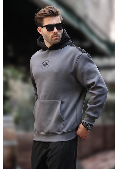 Madmext Füme Kapüşonlu Renk Bloklu Nakış Detaylı Erkek Sweatshirt 7088 Füme
