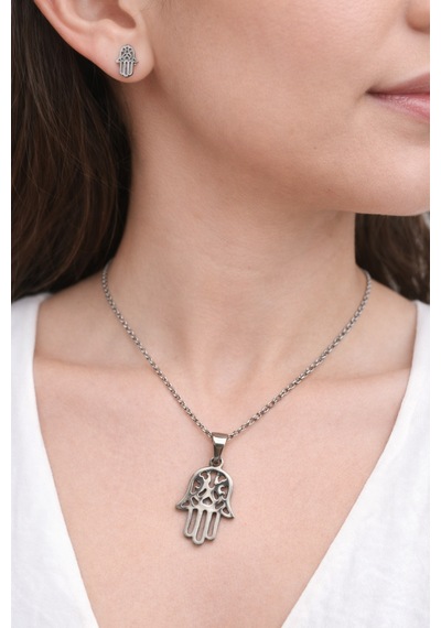 Paslanmaz Çelik Hamsa El Kolye Küpe Seti Gümüş Renk Unisex Takı Altın - Gümüş