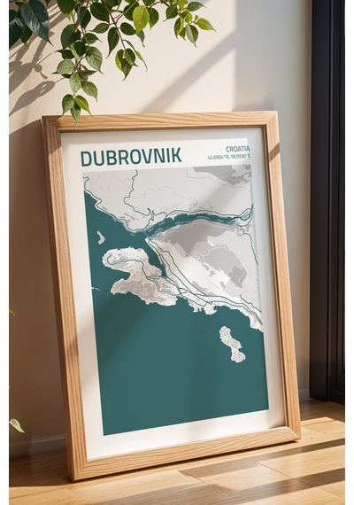 Dubrovnik Hırvatistan Croatia Haritası Çerçeveli Tablo Lüks Salon Ofis Duvar Dekorasyonu Tablo Kayın