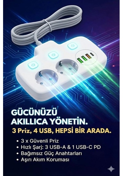 Akım Korumalı 2500w Güçlü 3 Usb + Type-c Portlu Çoklu Priz Hızlı Şarj, Çocuk Kilidi, 2 Metre 0 - 2 M