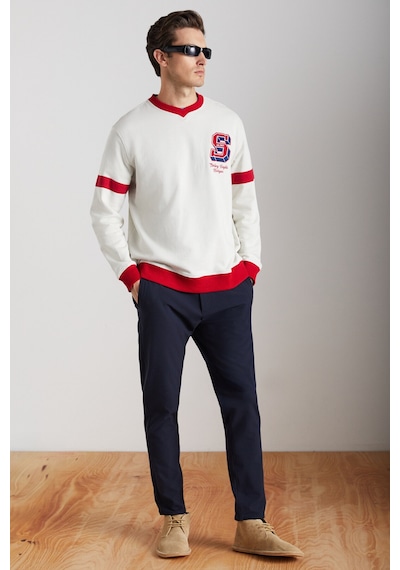 Grımelange Reynon Erkek V Yakalı Aplikeli Organik Pamuklu Içi Polarlı Yumuşacık V Yaka Taş Rengi Sweatshirt