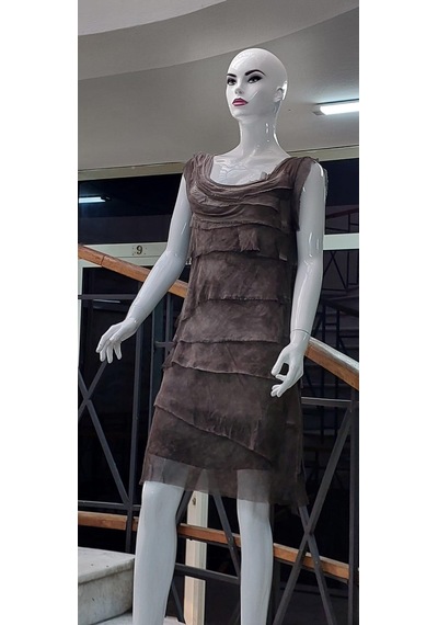Bohem Stil Kat Kat Taşlanmış Mini İpek Elbise Kahverengi