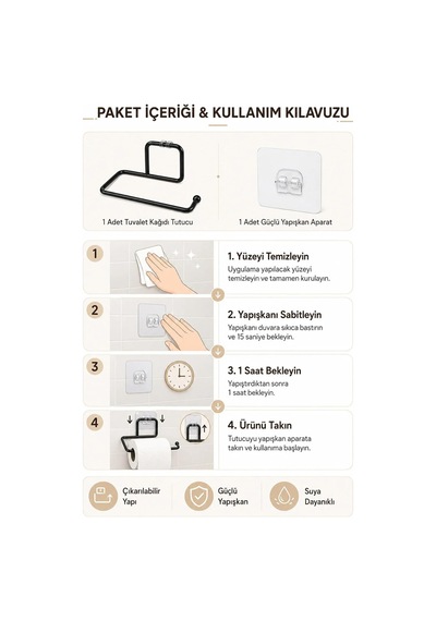 Yapışkanlı Tuvalet Kağıdı Tutucu Siyah Metal- Delmeden Kullanım - Banyo Wc Kağıtlık Diğer