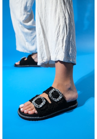 Luvishoes Dungeon Siyah Örme Çift Bantlı Taş Tokalı Kadın Terlik Siyah