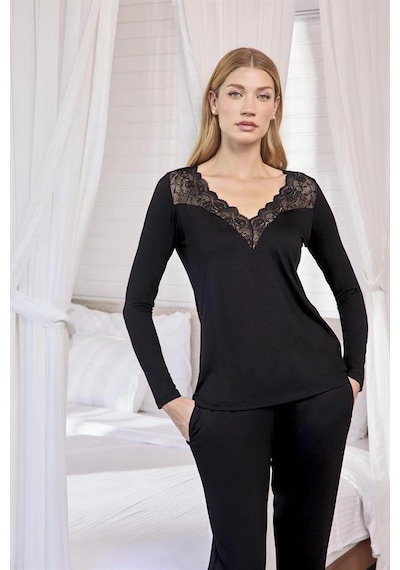 Aria's Closet Arias Closet Uzun Kollu Dantelli Ve Dekolteli Pijama Takımı Siyah