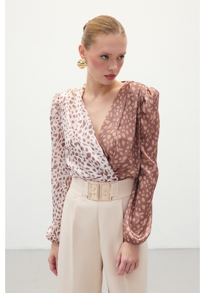 Sateen Kruvaze Desenli Bodysuit - Kahve-bej