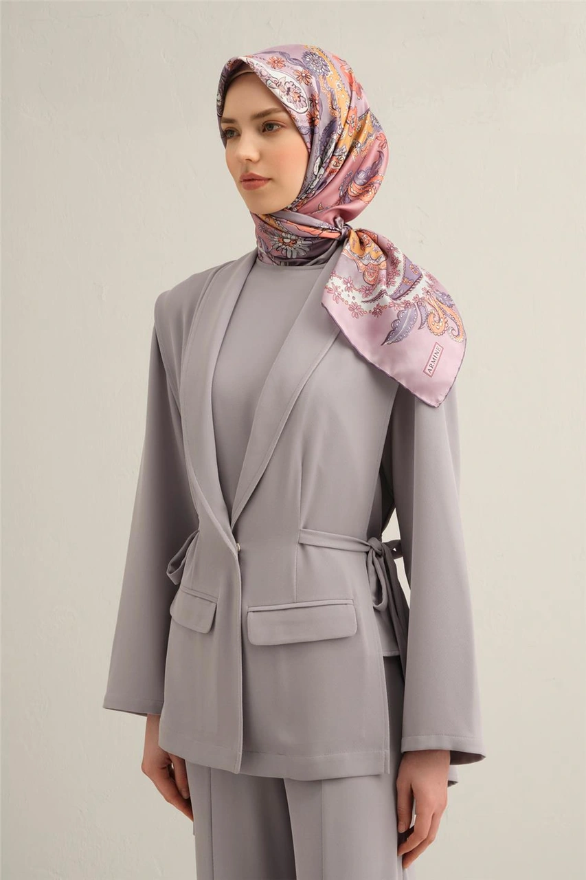 Armine Etnik Desenli Saf İpek Twill Eşarp 9338d 53 Lila
