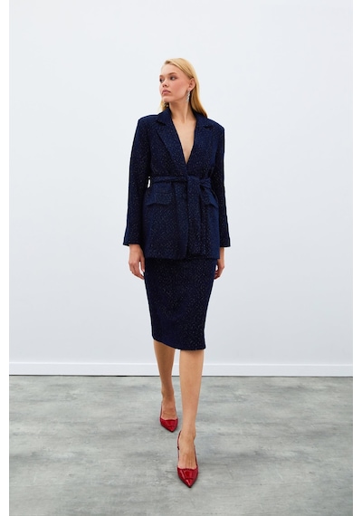 Sateen Kuşaklı Tüvit Ceket - Lacivert-135019 Lacivert