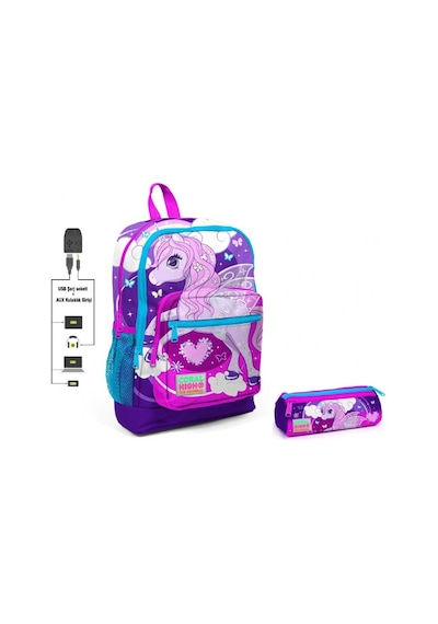 Coral High Mor Unicorn Baskılı İlkokul Sırt Çantası ve Kalemlik S