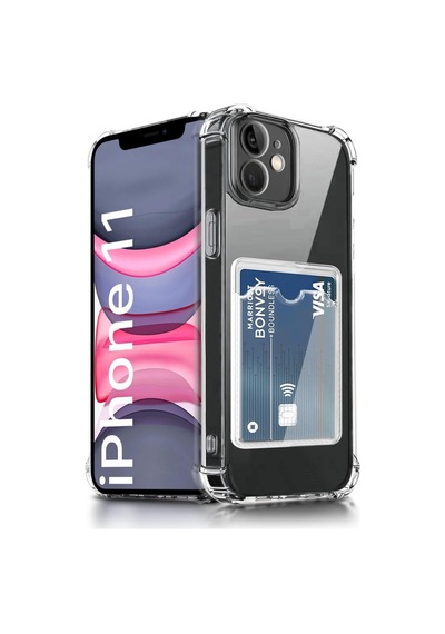Teknomoda Apple Uyumlu iPhone 11 Kılıf Kartlıklı Anti Şok Korumalı Şeffaf Silikon Şeffaf Açık Şeffaf