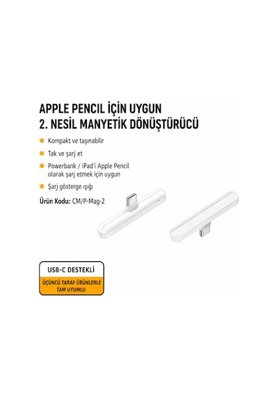 Pencil 2. Nesil Manyetik Şarj Adaptörü, Usb-c Şarj Dönüştürücü, Stylus Kalem Şarj Aparatı