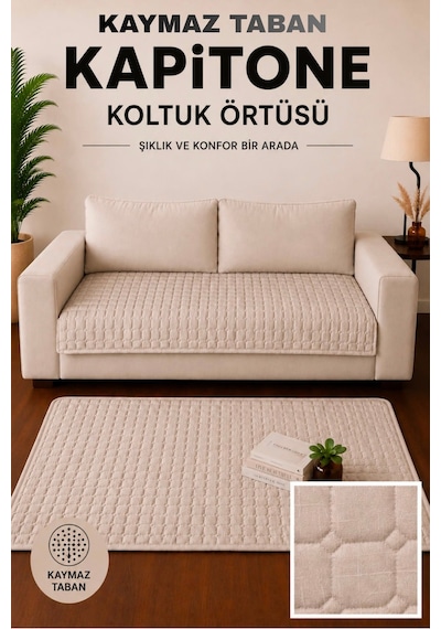Kare Desenli Tek Parça Kaymaz Taban Kapitone Koltuk Örtüsü Çekyat Kanepe Örtüsü 70x190 Krem Krem