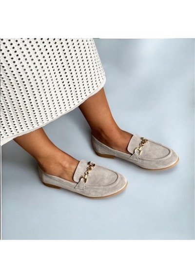 Ne&ve Shoes Gri Süet Hakiki Deri Zincirli Kadın Loafer Ayakkabı