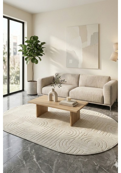Modern Oval Halı Bambu Dokulu Kaymaz Taban Yumuşak Salon Yatak Odası Halısı Krem
