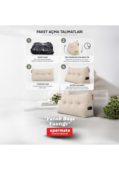 Yatak Başı Yastığı Sırt ve Bel Destek Yastığı 120 CM Yaslanma ve Dinlenme Yastığı Bej