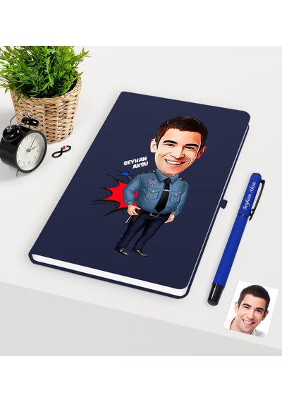 Kişiye Özel Bay Polis Karikatürlü Lacivert Defter Kalem Seti - 3 Lacivert