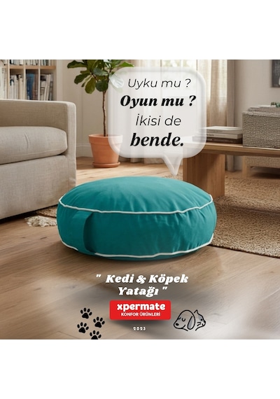 Xpermate Fermuarlı Kedi ve Köpek Minderi Yuvarlak Kedi Minderi Yıkanabilir Kedi Köpek Yatağı Turkuaz
