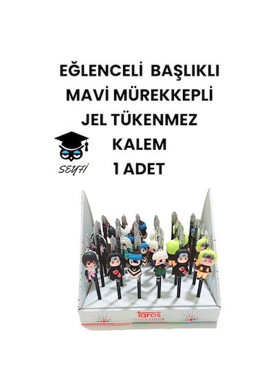Eğlenceli Başlıklı İnce Uçlu Jel Tükenmez Kalem Mavi Mürekkep 7