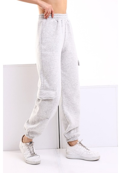 Winmoda34 Kadın Jogger Kalın 3 Iplik Yandan Cepli Kargo Eşofman Altı Gri