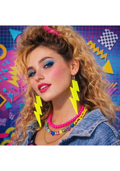 80 Ler 9039lar Retro Neon Sarı Şimşek Küpe 10 Cm "