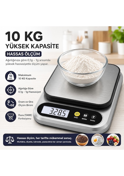 10 Kg Dijital Hassas Mutfak Tartısı - Lcd Ekranlı, Paslanmaz Çelik Tartım Yüzeyi, Dara Tare Fonksiyonlu, Gram & Ons Ölçüm, 2x Aaa Pilli Açık Gri