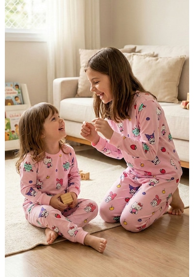 Cute Hello Kitty Ve Kuromi Desenli Kız Çocuk Pijama Takımı Pembe