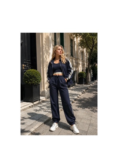 Kadın Lacivert Spor Takım Şerit Detaylı Crop, Oversize Ceket Ve Lastikli Bağcıklı Pantolon - 2322 M