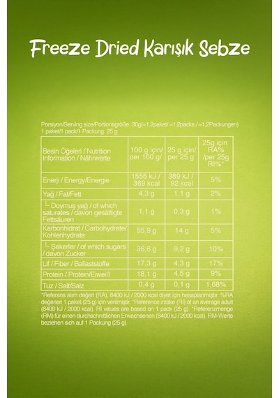Freeze Dried Sebze Mix Kova Dondurularak Kurutulmuş Sebze Mix Diğer