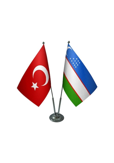 Masa Üstü Özbekistan Bayrağı Türk Bayrağı İkili Krom Direk Masa B