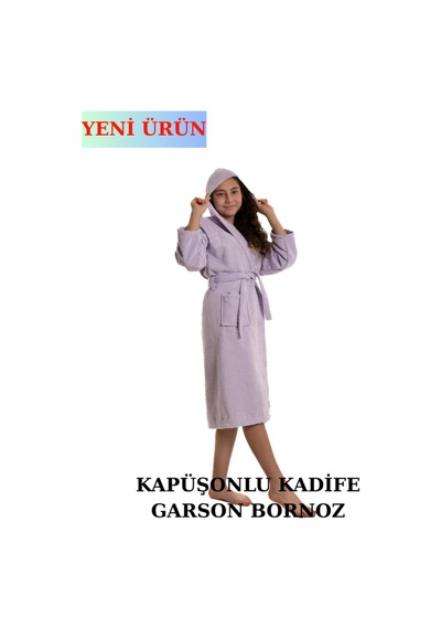 Pamuklu Kapüşonlu Genç Garson Boy Unisex Cepli Bukle Kadife Bornoz Lila