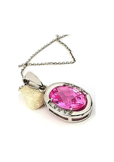Pembe Zirkon Taşlı Gümüş Tasarım Kolye (460122596)