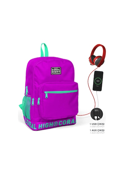 Coral High Nakış Logolu Usb Şarjlı Kulaklık Çıkışlı Koyu Pembe Sırt Çantası
