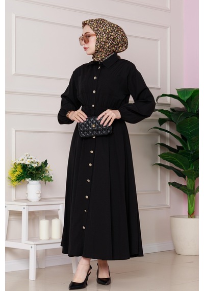 Sevitli Beli Lastik Detaylı Yasemin Elbise-siyah-4817 Siyah