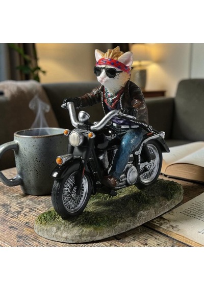 Dekoratif Motorsikletli Kedi Biblo Wise Veronese Poliresin Eğlenceli Figür 14 Cm .