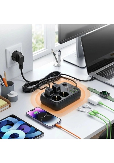 Çoklu Priz Uzatma Kablosu 4 Soket + 4 Usb + 2 Type-c Termal Akım Korumalı, Isıya Dayanıklı, Çocuk Korumalı G Standart